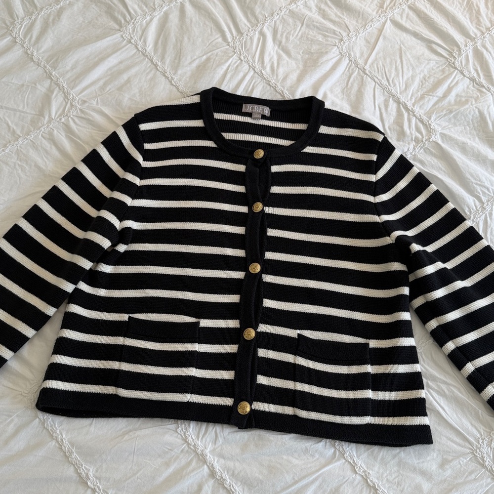 J.Crew Emilie Sweater Lady Jacket in Black Ivory Stripe Knit Cardigan sz L - Picture 6 of 13